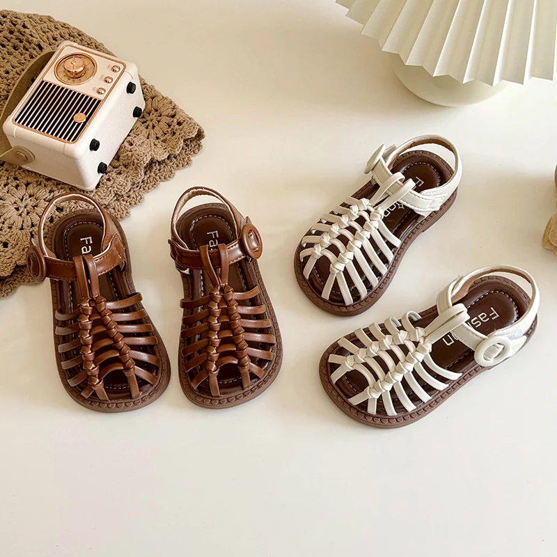 Student Woven Shoes Girls Princess Sandals Elementary School Shoes New Baotou Soft-soled Beach Shoes Roman Shoes For Children