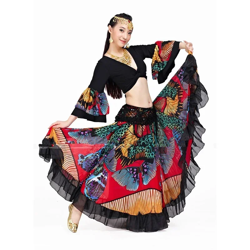 Fato de Dança do Ventre para Dança do Ventre Grande Flor de Balanço Saia Cigana Estampada Borboleta Roupas Tribais, Roupas Flamenco 720 Graus