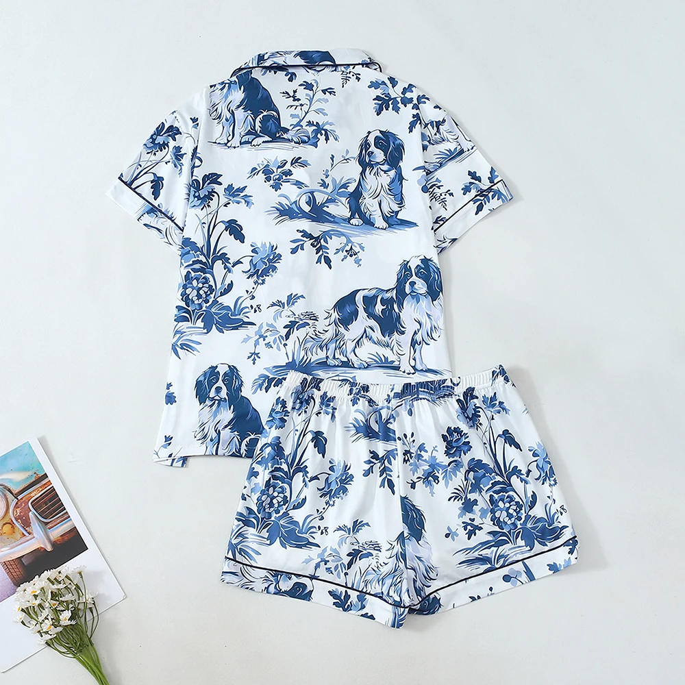 2 قطعة منامة الصيف النساء مجموعة لطيف طباعة فضفاضة مريحة الإناث المتسكعون فضفاضة قصيرة الأكمام السراويل الصيف الترفيه نوم