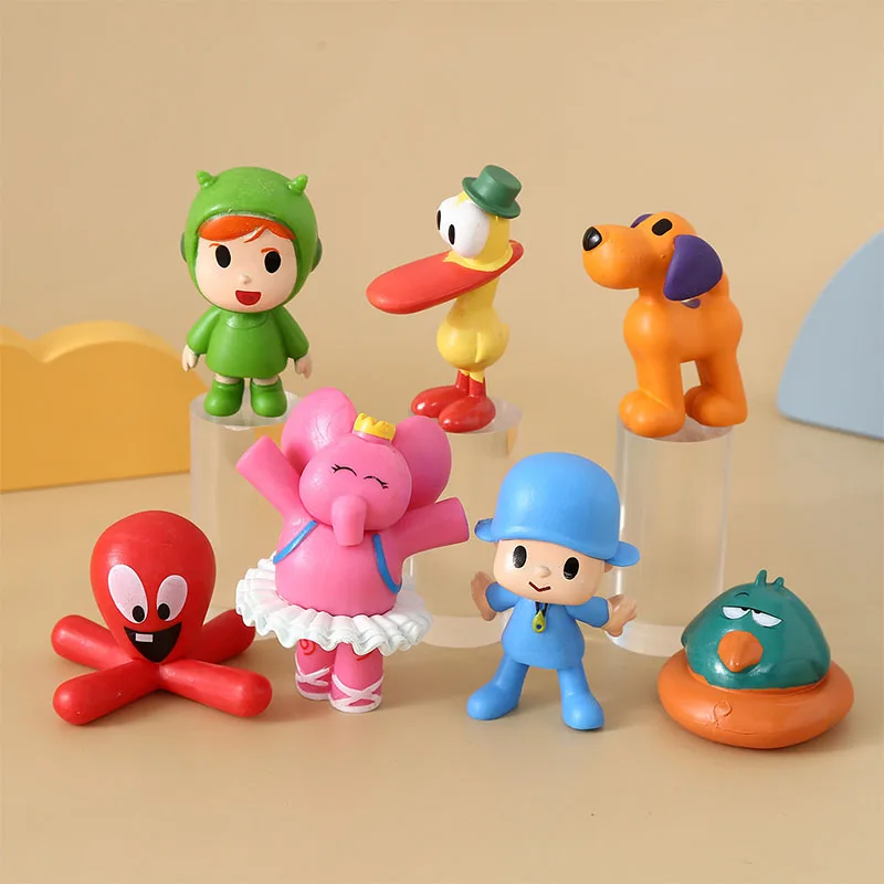 Conjunto de 7 Peças de Brinquedos de Animais Kawaii Pocoyo, Bonecos de Pássaro, Pato, Elefante, Modelos de Cenário, Figuras de PVC de Anime e Desenho Animado