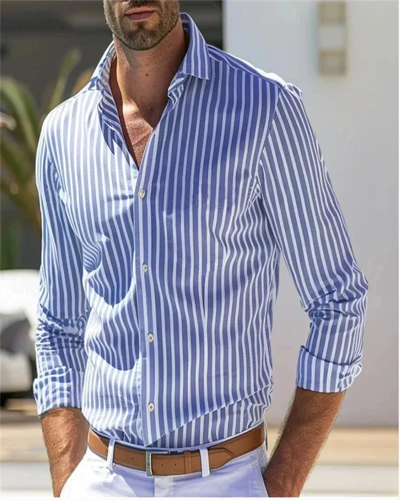 Camisa con botones para hombre, camisa informal de manga larga, color negro, rojo y azul, solapa a rayas, ropa de vacaciones diarias, Tops casuales