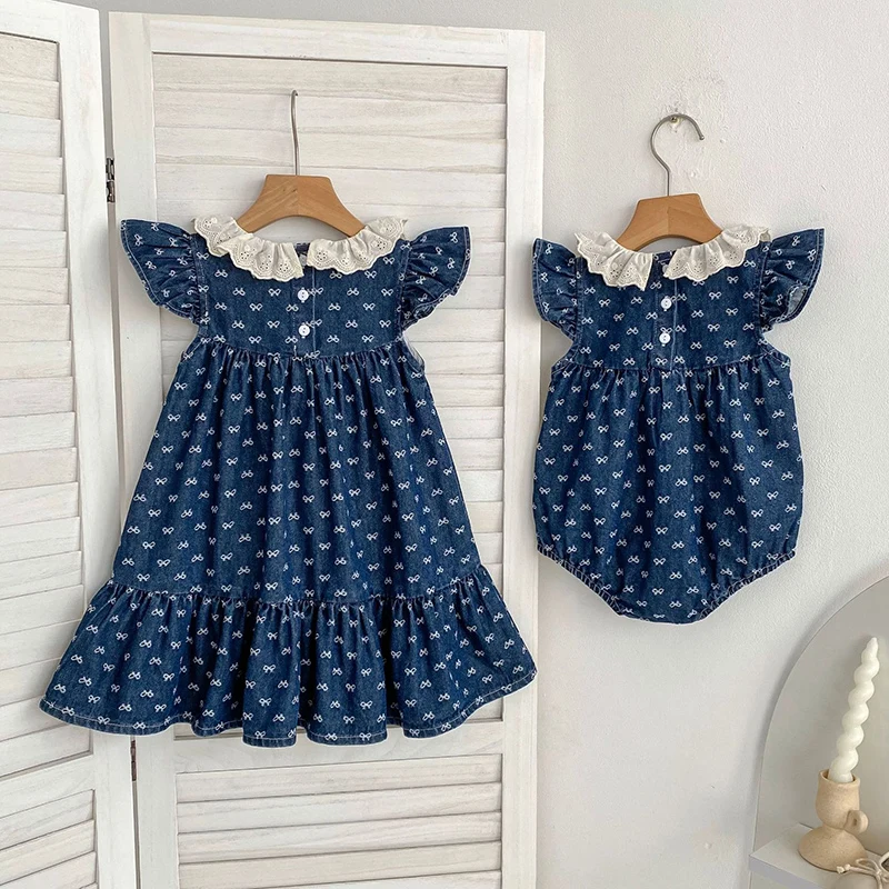2026 New Summer Sister Clothing Kids Princess Dresses Infant Romper Flying Sleeve Denim Lace Splicing Baby Girl Party Dress