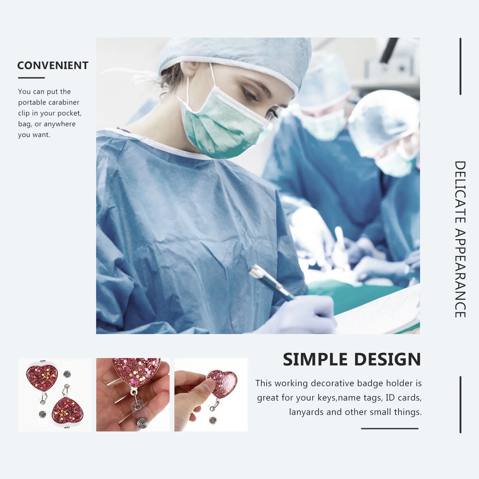 2Pcs Adorable Heart-Shaped Badge Holders Smooth Safe Decorative Clips for Badges Keys Lanyards Portable Nurse Name Tag Carabiner