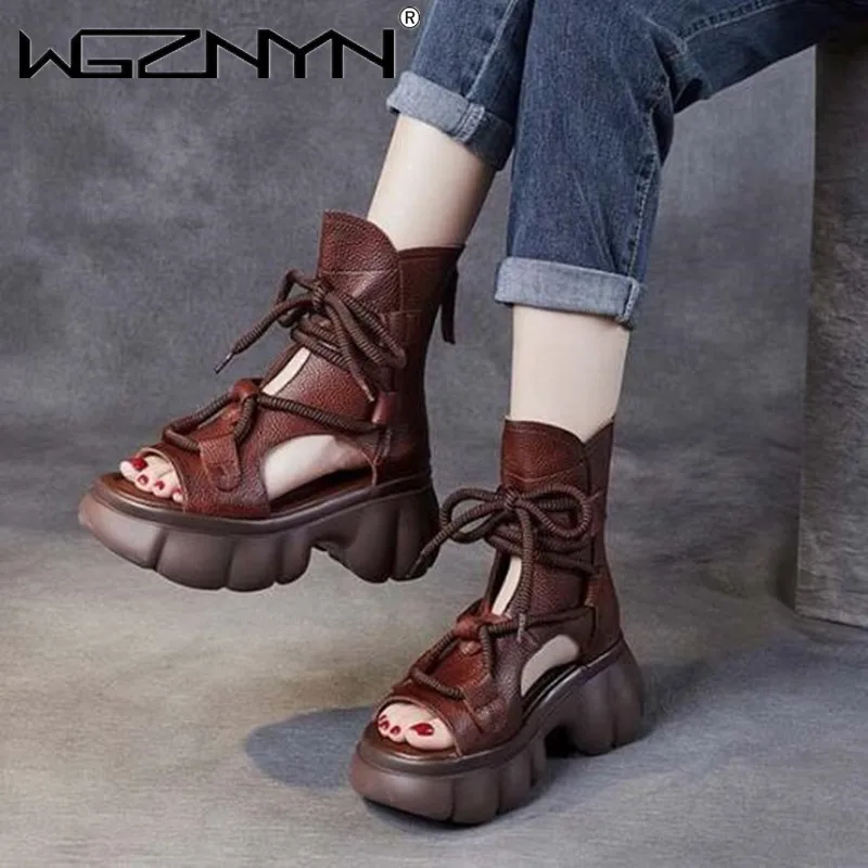 Genuine PU Leather Zip Retro Shoes Women Sandals 2024 New Ankle Boots Summer Handmade Hollow-out Lace-up Casual Platform Sandals