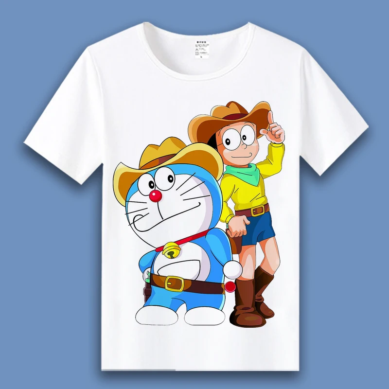 Camiseta de Manga Corta Estampada 100% Algodón con Tema de Vaquero del Oeste de Doraemon × Nobita, Verano 2026, Chaqueta para Niños y Niñas, Estilo Padre-Hijo