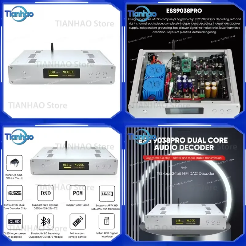 for DC300-2 Dual ES9038Pro DAC HiRes Bluetooth 5.0 Digital to Analog Converter MQA Support Audio Decoder for PC Phone