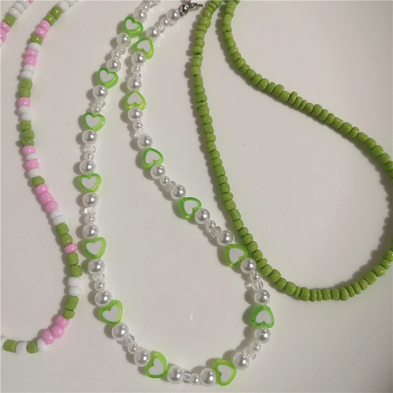 Korean Trendy Retro Cute Pink Green Pearl Peach Heart Necklace For Female Girl Party EMO Grunge Y2K Harajuku Jewelry Accessory