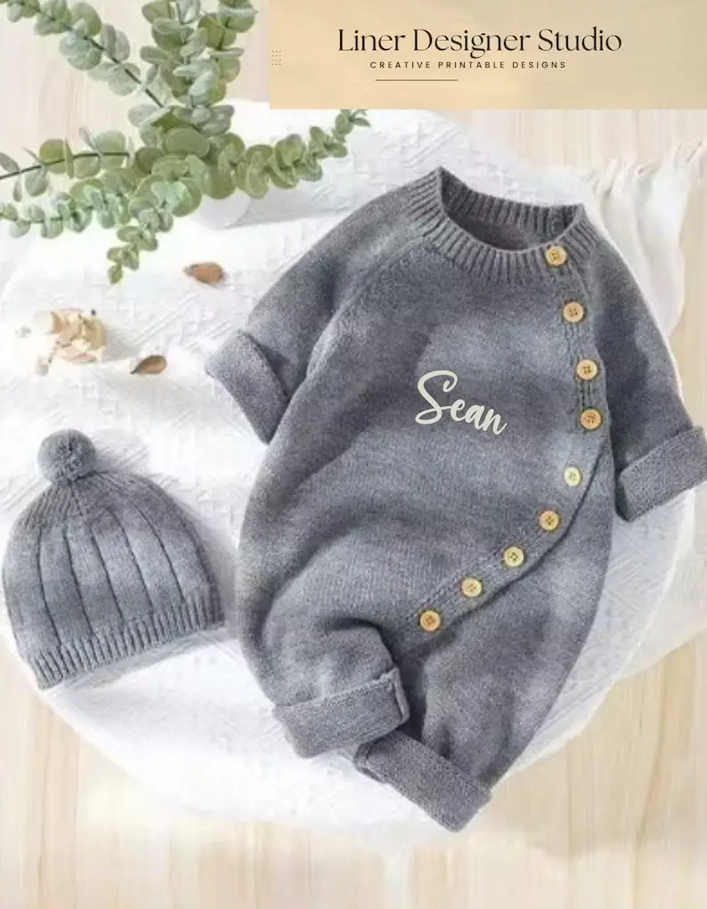 Custom Embroidered Baby Knit Jumpsuit with Hat: Personalized Newborn Gift