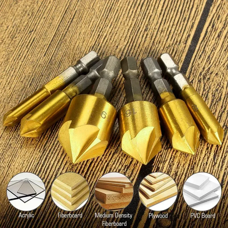 Woodwork Counersink Drill Bit Set Titanium Coat Counter Sink Wood Hole Cutter Metal Plastic 5 Flute Chamfer Ream 90 Degree Tool