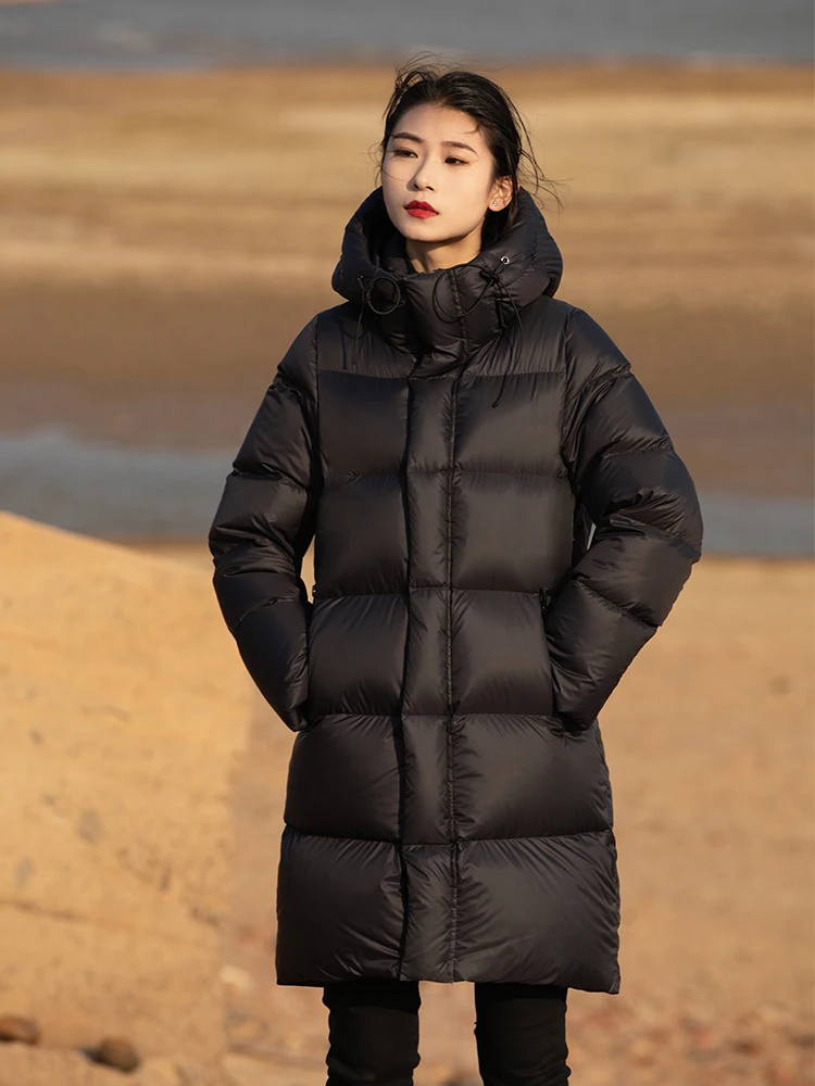 NEW Black hooded long-sleeved down jacket