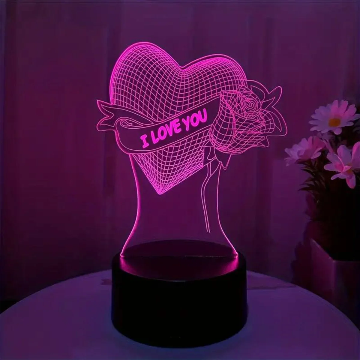 1pc Rose Love 3D Night Light, 3D Optical Illusion Lamp With Touch, 7-Color Changing Ambient Light For Bedroom