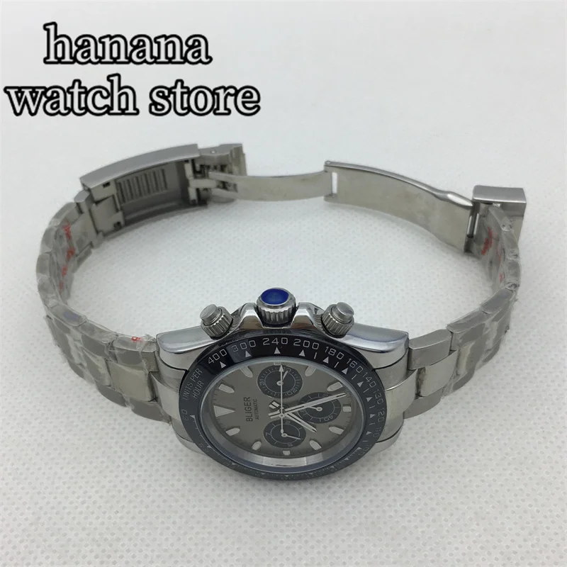 BLIGER автоматические механические часы для мужчин, керамический безель 39 мм, серый циферблат, маленький черный циферблат, сапфировое стекло, браслет из нержавеющей стали