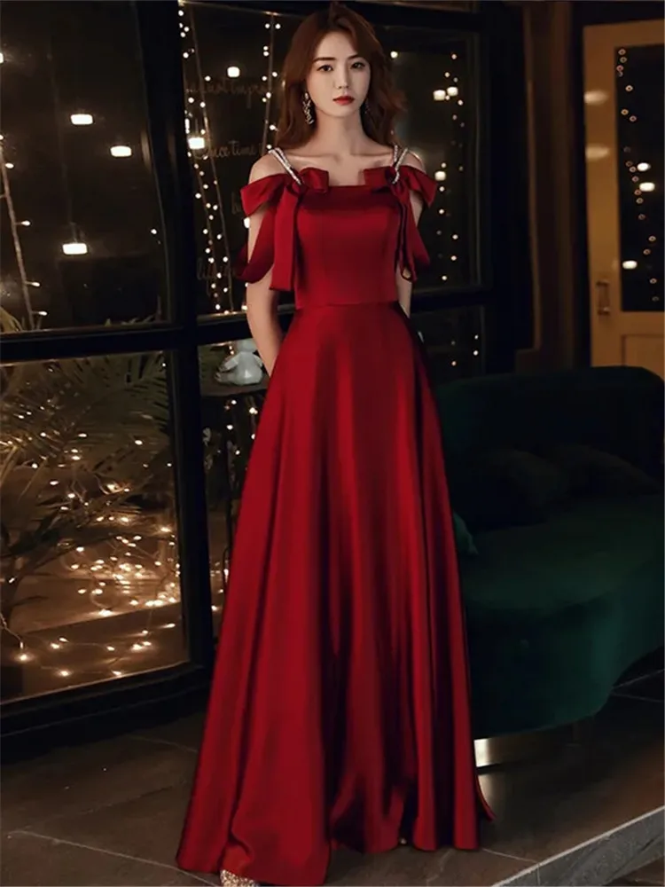 Elegant Dress Wine Red Solid Color Bow Diamond Long A-line Skirt Temperament Evening Gown M034