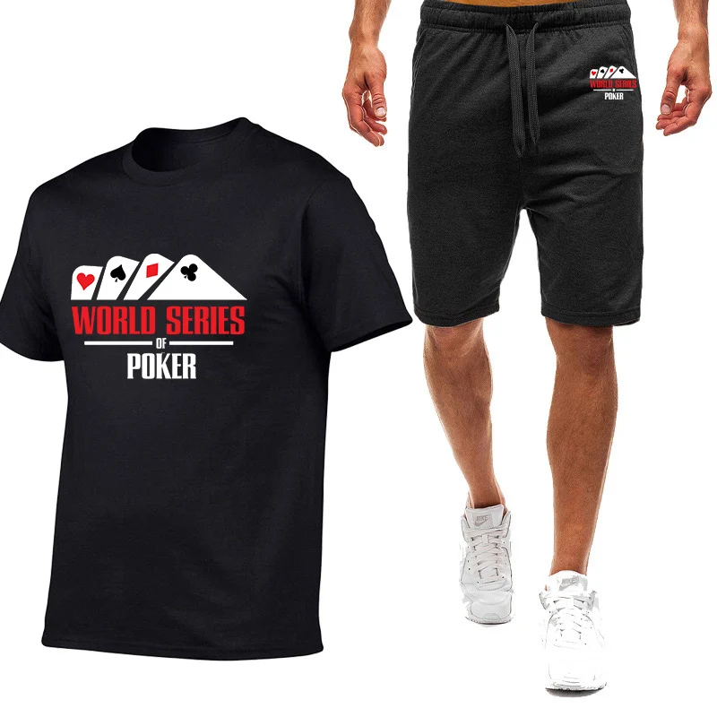 2023 New Men's Printing Fashion World Series Of Poker Summer Solid Slim Sleeve Cotton Leisure T-Shirts Sweatpant 2 Pieces Set