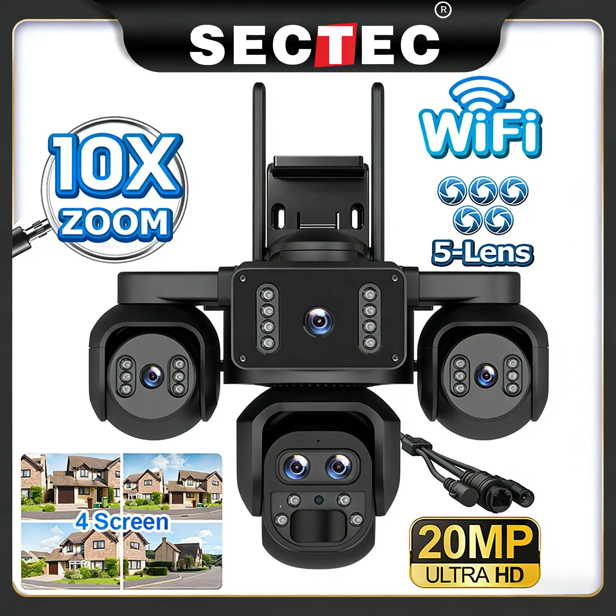 SECTEC 20MP 10X ZOOM Wifi Outdoor Video Camera Four Screens five Lens 720° PTZ Automatic Tracking Waterproof Security surveill