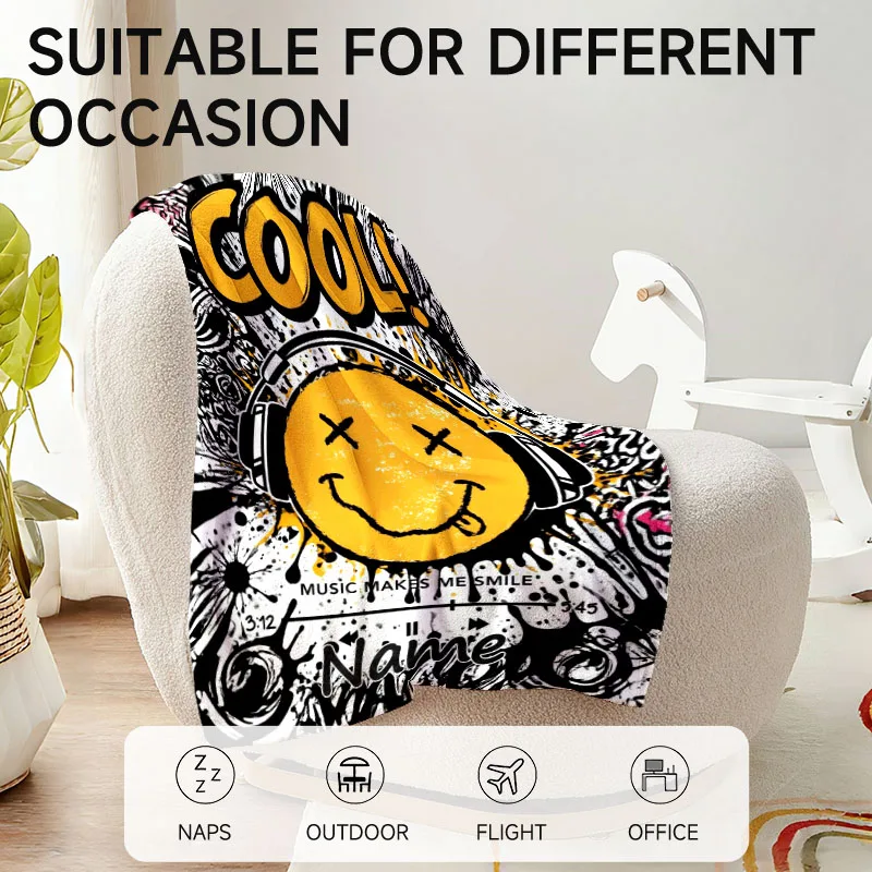 1Pc Custom Name Text Cool Smiley Face Music Flannel Blanket Suitable for Sofa Bed Living Room Bedroom Office Study Decor Suitabl