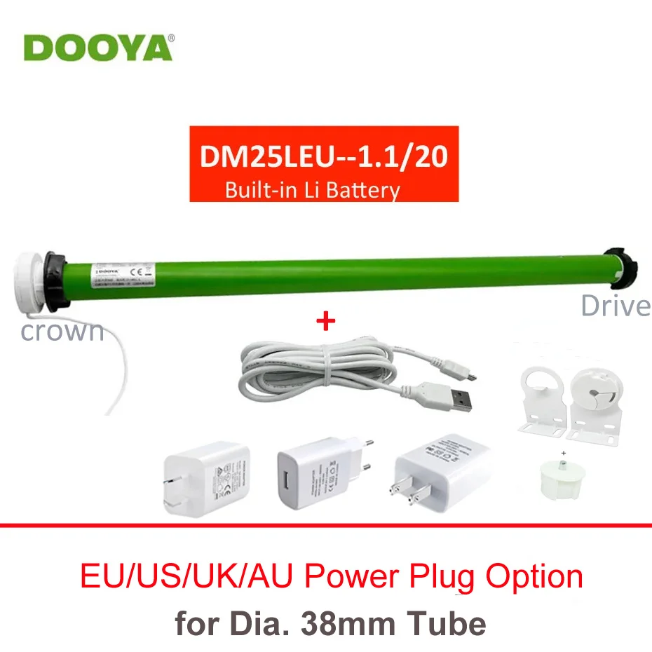 Original Dooya DM25LEU Tubular Motor USB Lithium Battery Built-in Receiver,RF433 Remote Control Dia.38mm Tube to Rolling Blinds