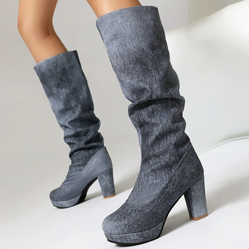 

Vintage Knee High Boots Blue Denim High Boots for Women Autumn Winter Pleated Jeans Block Heels Riding Shoes Ladies Big Size 45