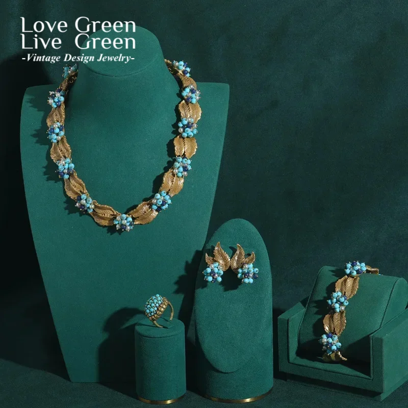

Vintage Turquoise Leaf Earrings Antique Jewelry Sets 4 Piece Retro Beaded Necklace Bohemian Choker Luxury Gold Color 2025 New