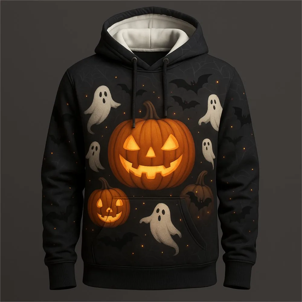 New Trendy men's Hoodie With 3D Printed Halloween Pumpkin Ghost Pattern design, Novel Daily Outfit Hoodie With Pockets