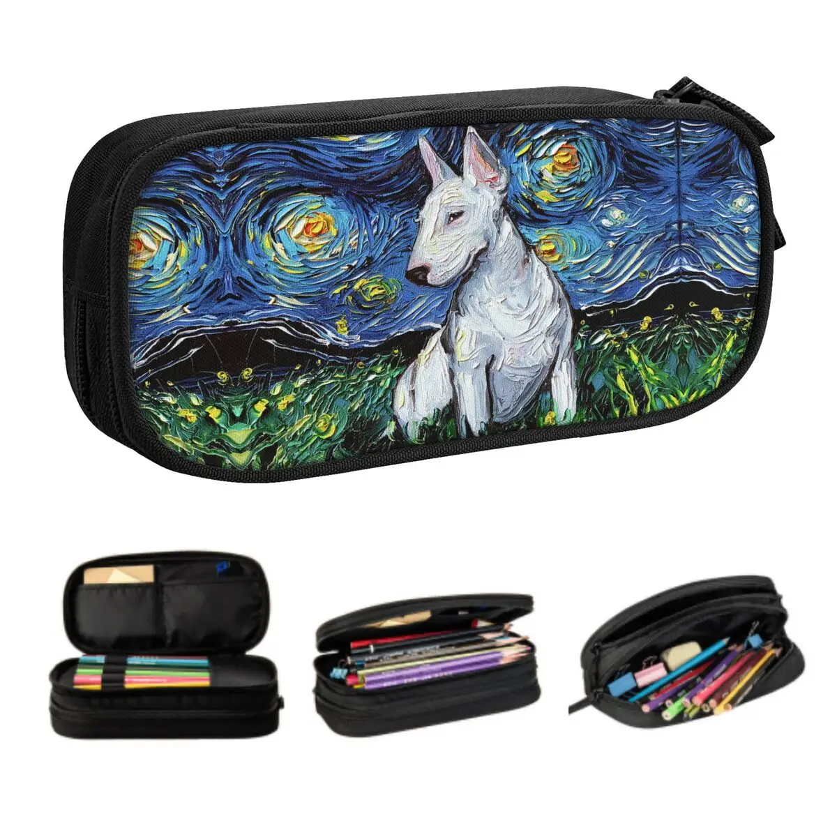 Custom Starry Night Bull Terrier Dog Pencil Case for Boy Girl Large Storage Pet Lover Pen Box Bag School Supplies
