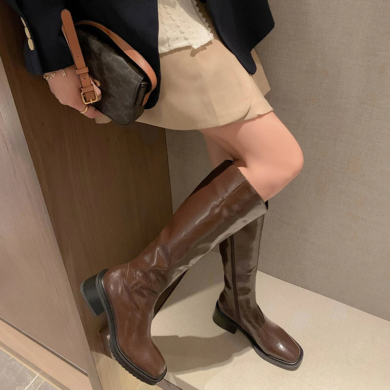 Taoffen Cow Leather Riding Boots Knee High Square Toe Block Heels Fashion Long Boots Ladies Flat Shoes Retro Women Knight Boots