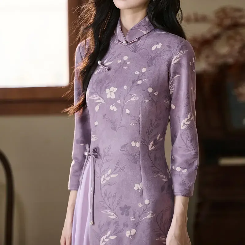 فستان Aodai Qipao المطبوع لخريف 2025 على الطراز الصيني الجديد فستان نسائي أنيق محسّن من تشيباو مثير للولائم Hanfu Vestidos Chesongam