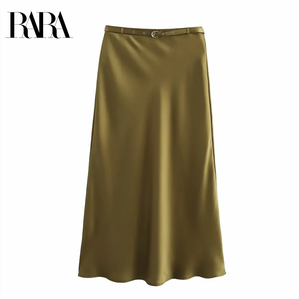 2025 RARA high-waisted straight solid color elegant belt design silk satin texture skirt spring new women's wear