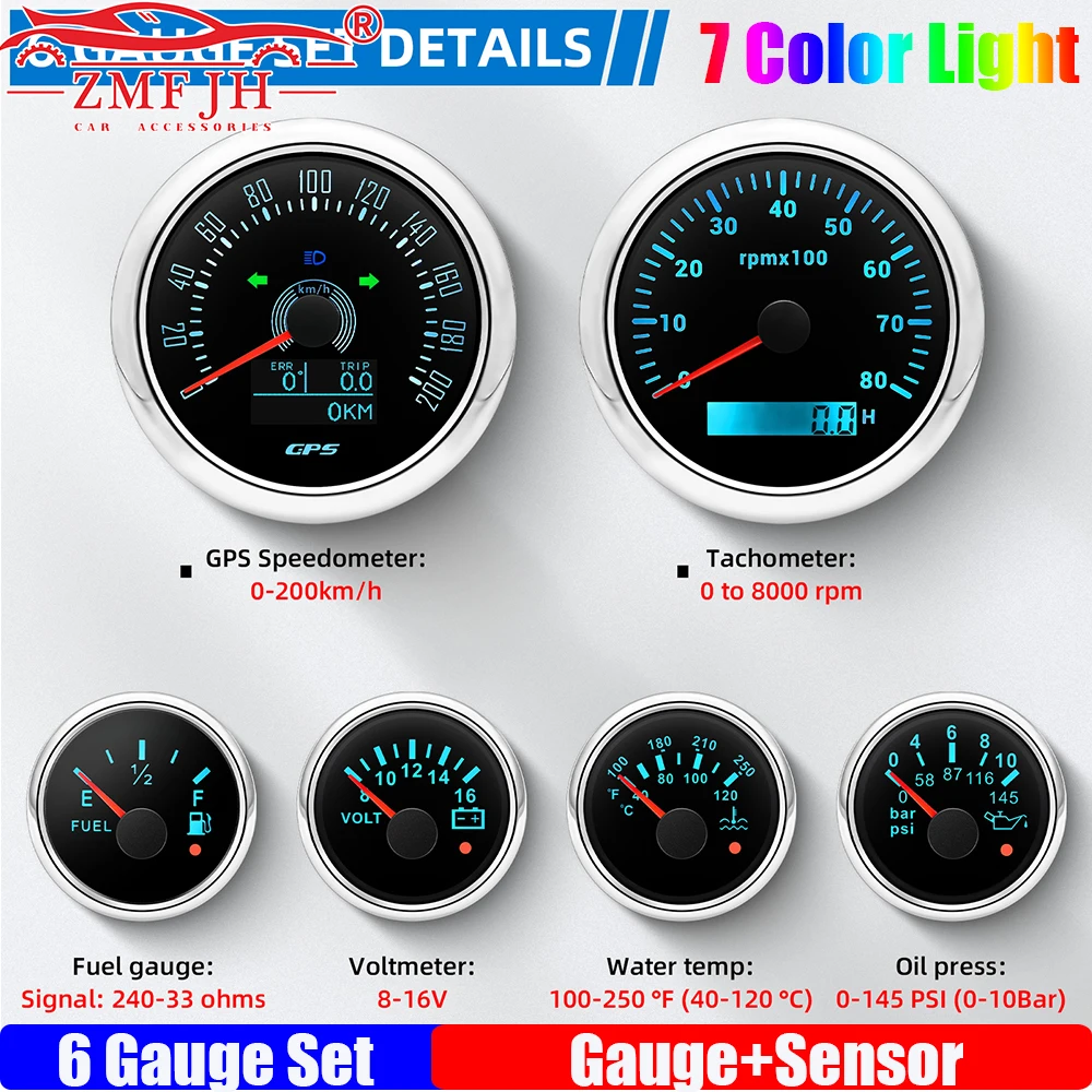 

ZMFJH 6 Gauge Set Sensor 7 Color Light 85MM GPS Speedometer Tachometer+52MM Fuel Level Gauge Water Temperature Oil Press Voltage