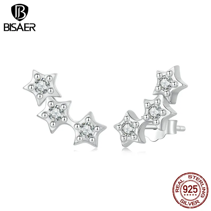 BISAER 925 Sterling Silver Three Stars Studs Earrings For Party Women AAAA Zircon Earrings Plated White Gold Fine Jewelry Gift