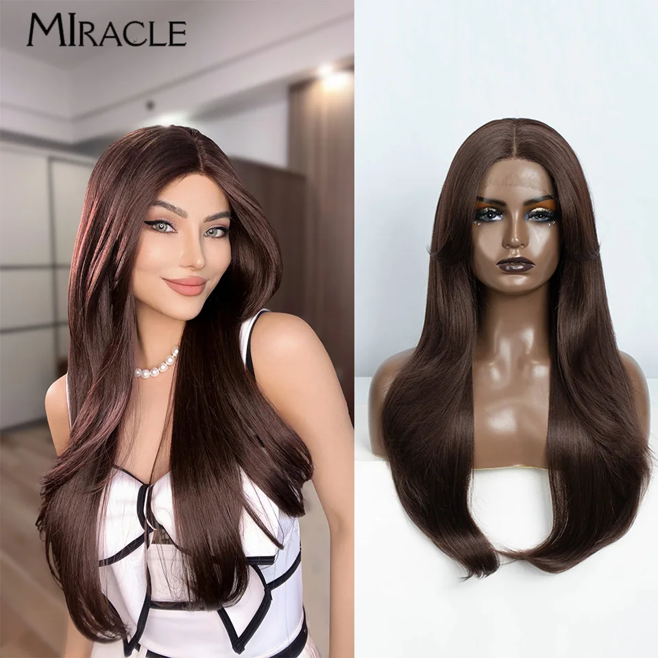 

MIRACLE Synthetic Straight Lace Wig Cosplay Fake Hair Lace Front Wig for Women 26 Inch Ombre Red Blonde Wig With Bangs Female