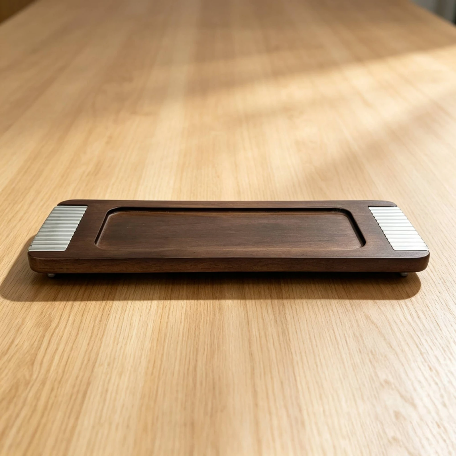 Decorative Tray with Silver Accents Slim Woodgrain Tray with Feet Modern Sturdy for Coffee Table