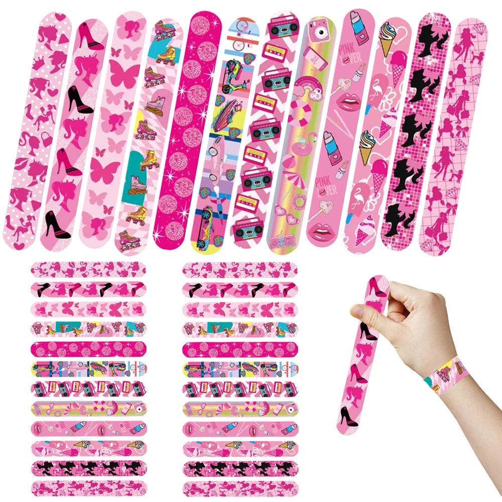 12/24pcs Barbie Black Pink Princess Slap Bracelets Colorful Bulk Wristbands For Girls Birthday Party Supplies Baby Shower