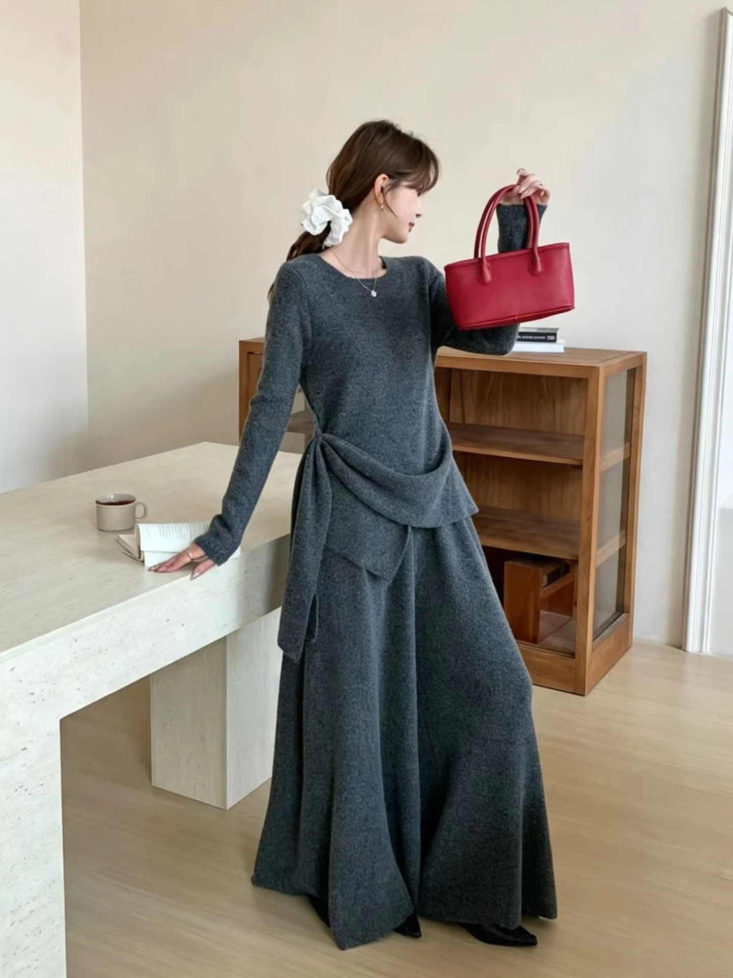 High Waist Knitted Sweater And Long Pants Two Piece Set for Women Irregular Design Autumn Winter Korean Style Fashion Set