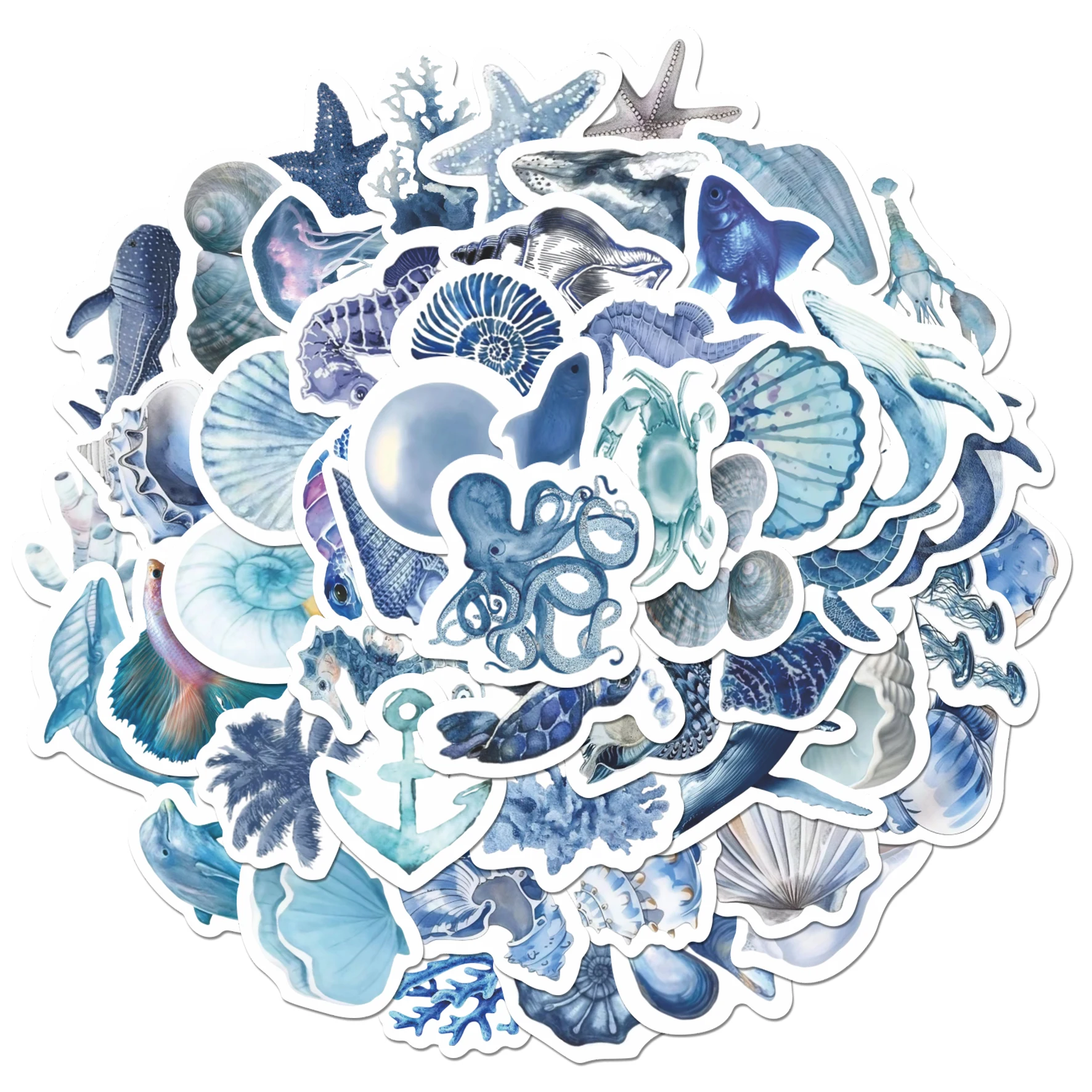 53pcs Sea Creature Ocean Blue Stickers | Shell Coral Wave Decals for Journals, Laptops & Water Bottles, Beach Lovers & Marine Ar