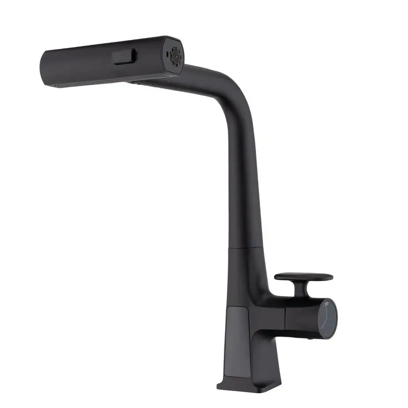 

Matte Black Waterfall Kitchen Faucet with Temp Display, Single Handle Pull Down Sprayer, Modern Sink Faucet, 3 Water Outlet
