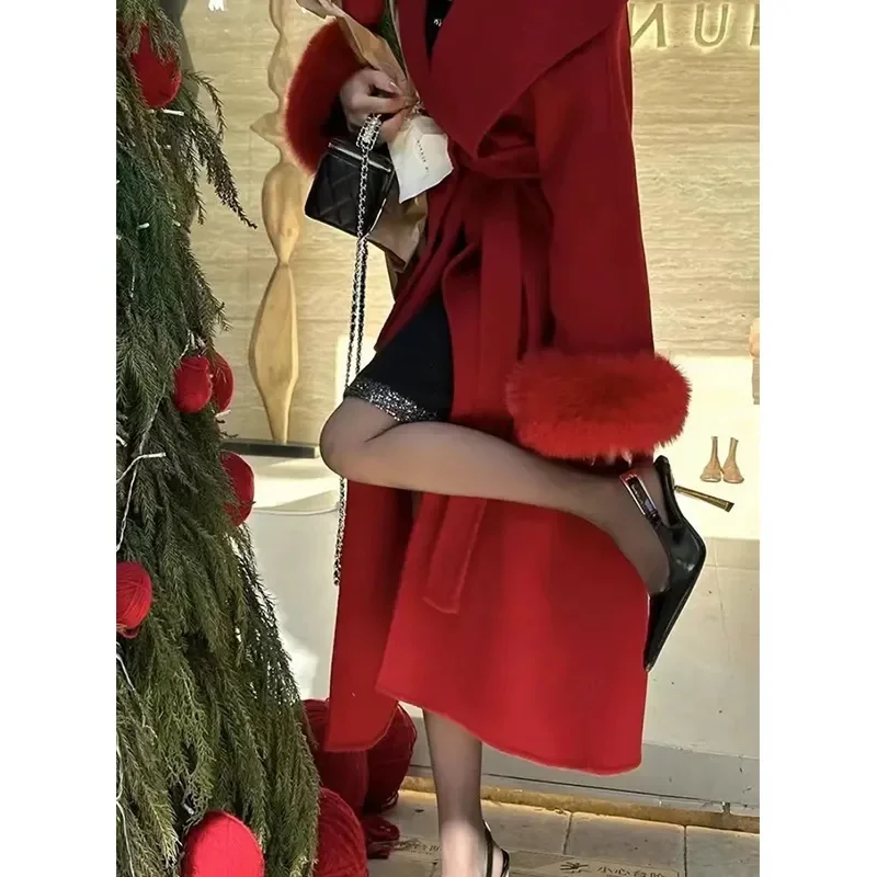 معطف صوفي على الطراز الأوروبي سترة برباط حتى الخصر فرو الثعلب فضفاض كل مباراة سترة طويلة للنساء لخريف وشتاء 2025