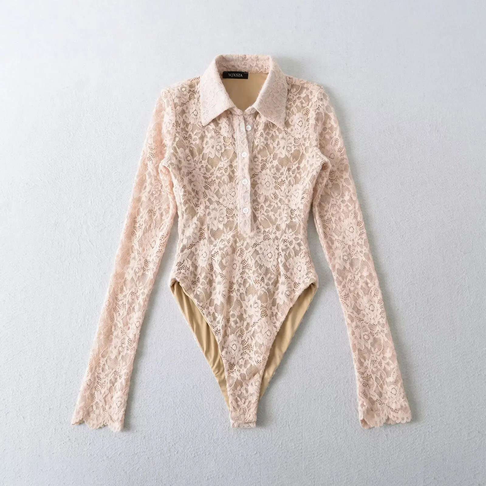 3 Colors Spring See Through Lace With Lining Lapel Collar Long Sleeve Bodysuit Sexy Woman Jumpsuit Slim Rompers Playsuits Pink