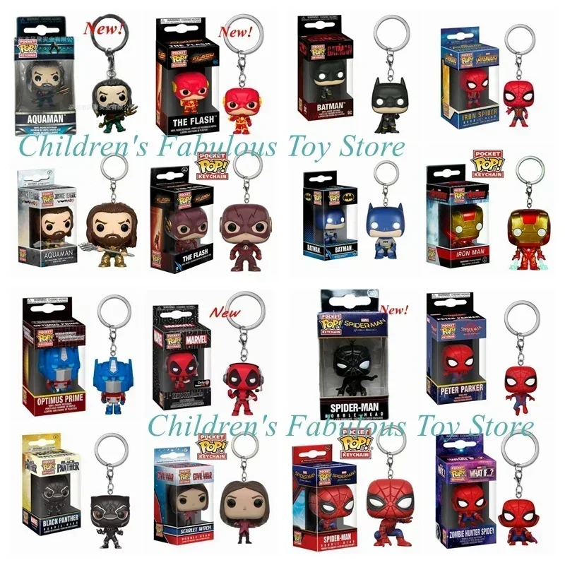 FUNKO POCKET Batman Aquaman Flash Spiderman Deadpool Keychain Justice League Gwen Action Figure KeyChain Collectible Model Toy