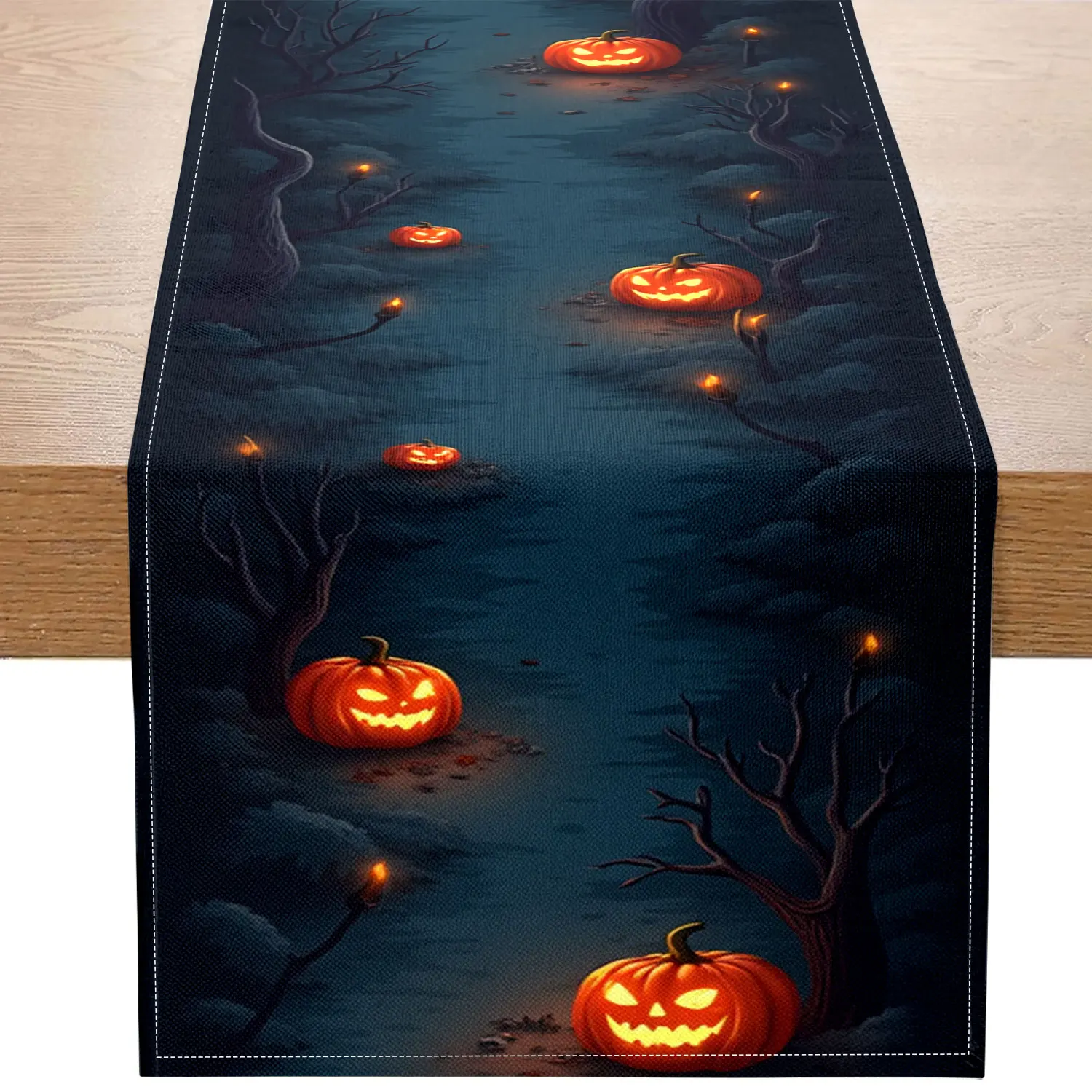 

1 Piece of Halloween Castle and Pumpkin Road Themed Table Runner, Decorated with Castles, Pumpkin Lanterns, Withered Trees, and Moonlight, Suitable for Holiday Parties and Dark-Themed Decorations