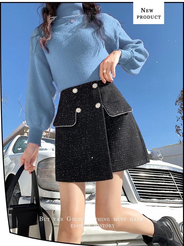 SMTHMA Beige Black Skirts For Women 2024 Faldas Mujer De Moda Vintage Tweed Vintage Jupe Vintage Korean Saia A-Line Mini Skirt