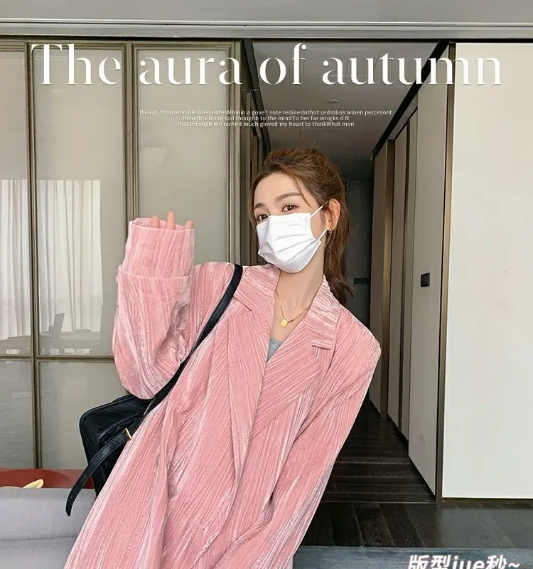 Blazer en velours rose haut de gamme pour femmes, nouveau Style coréen, ample, décontracté, mi-long, surdimensionné, vestes de costume, hauts pour femmes, printemps/automne