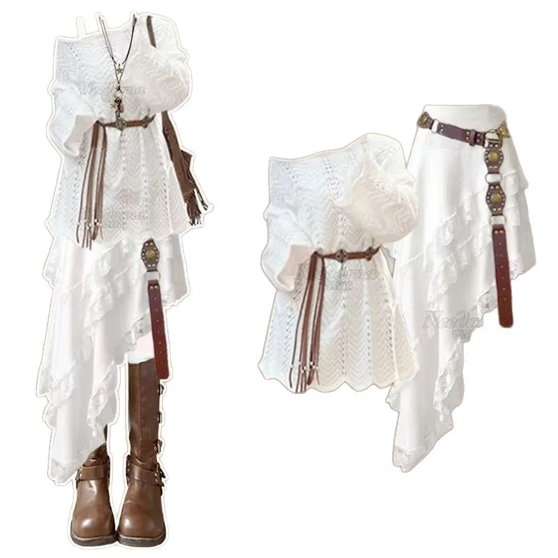 Primavera e outono moda casual blusa de malha + vestido branco boêmio elegante conjunto de duas peças feminino