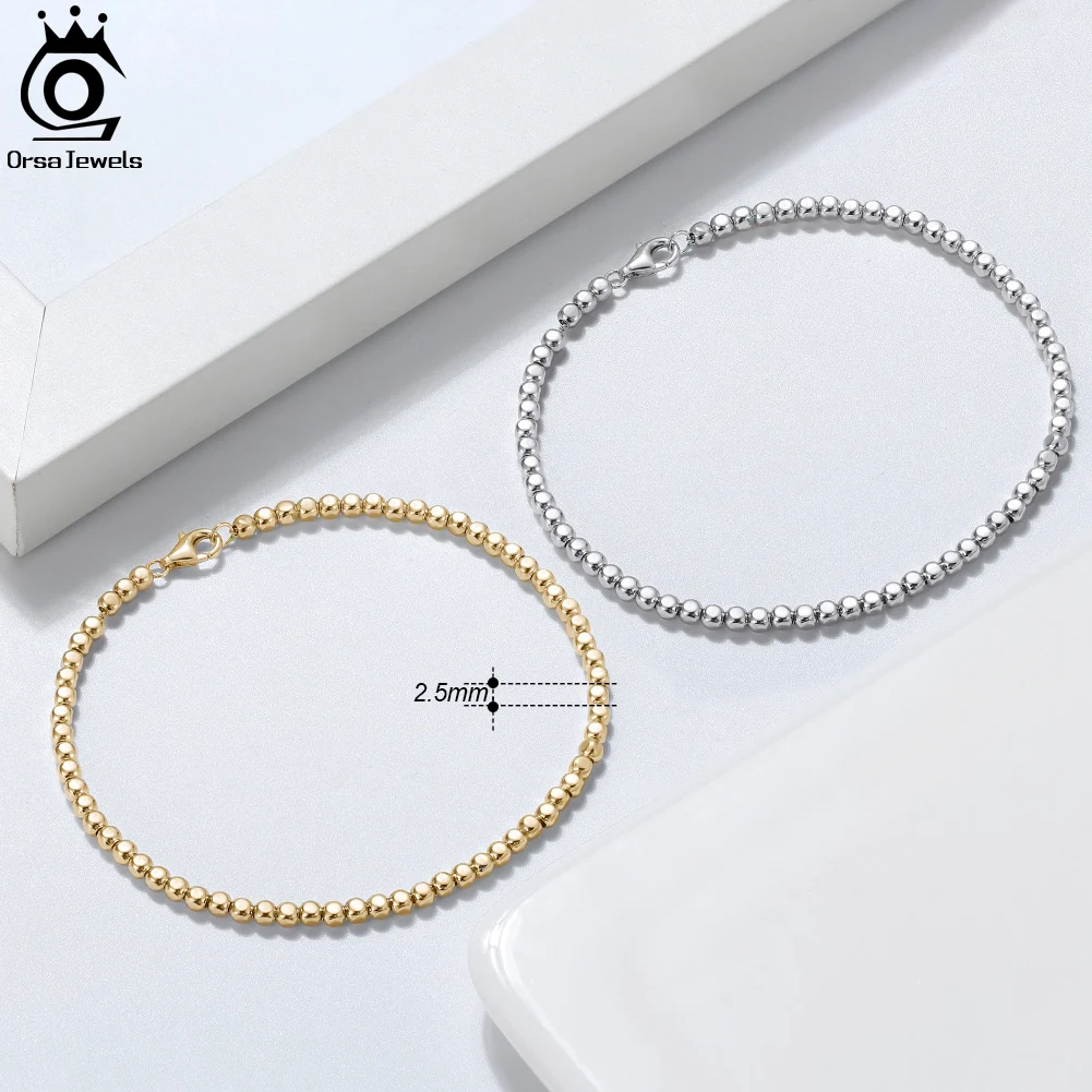 ORSA JEWELS 100% 925 Sterling Silver Italian 2.5mm Organic Cube Bead Chain Bracelet for Women Men Fashion Handmade Jewelry SB124