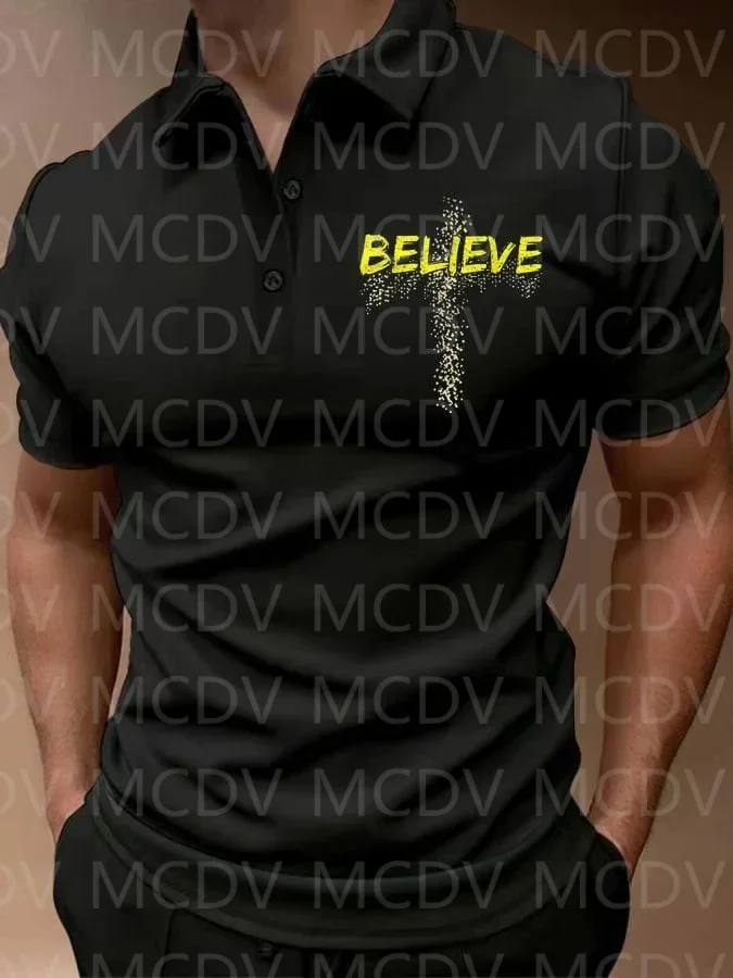 

Men's Believe In Jesus Button Polo Shirt 3D Printed Polo Shirt Summer Men's Tops