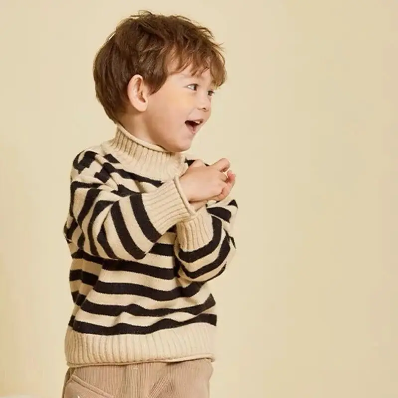 

Children's Knitted Sweater Striped Autumn/Winter Thickened Boy and Girls' Inner Velvet Sweater High Neck