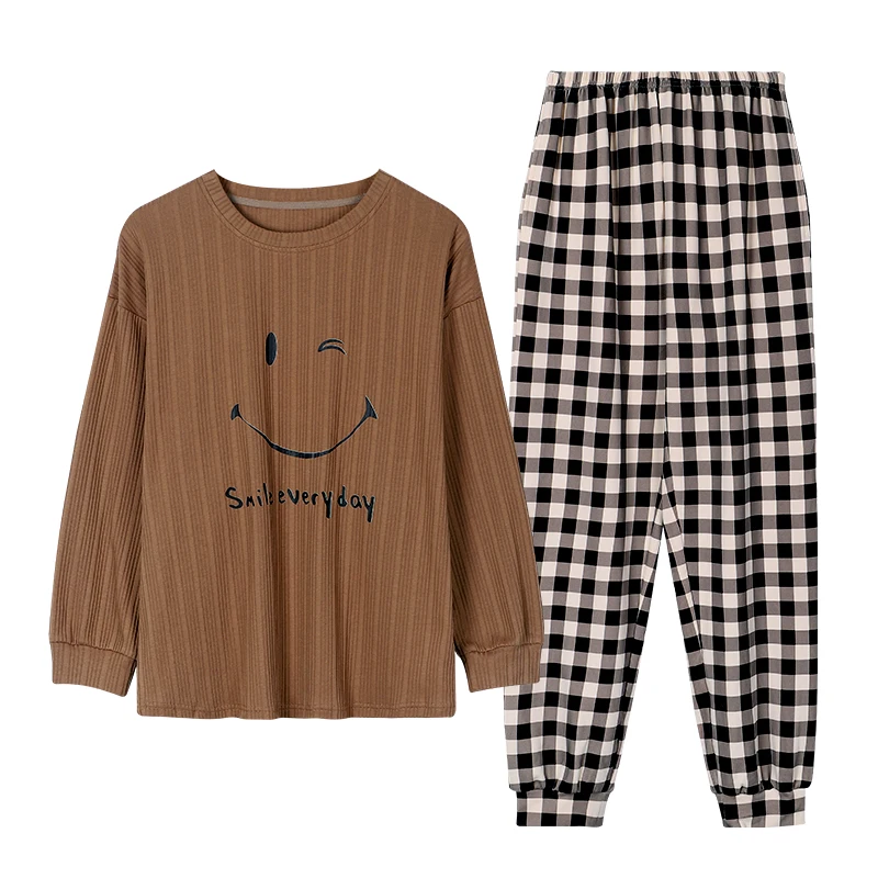 Coffee colored top+checkered pants all cotton women's pajamas round neck pullover loose fitting casual spring and autumn set