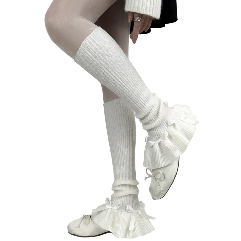 SZL Womens Girls Ballet Ribbed Knitted Leg Warmers Aesthetic Sweet Bowknot Ruffled Flared Foot Covers Footless Socks