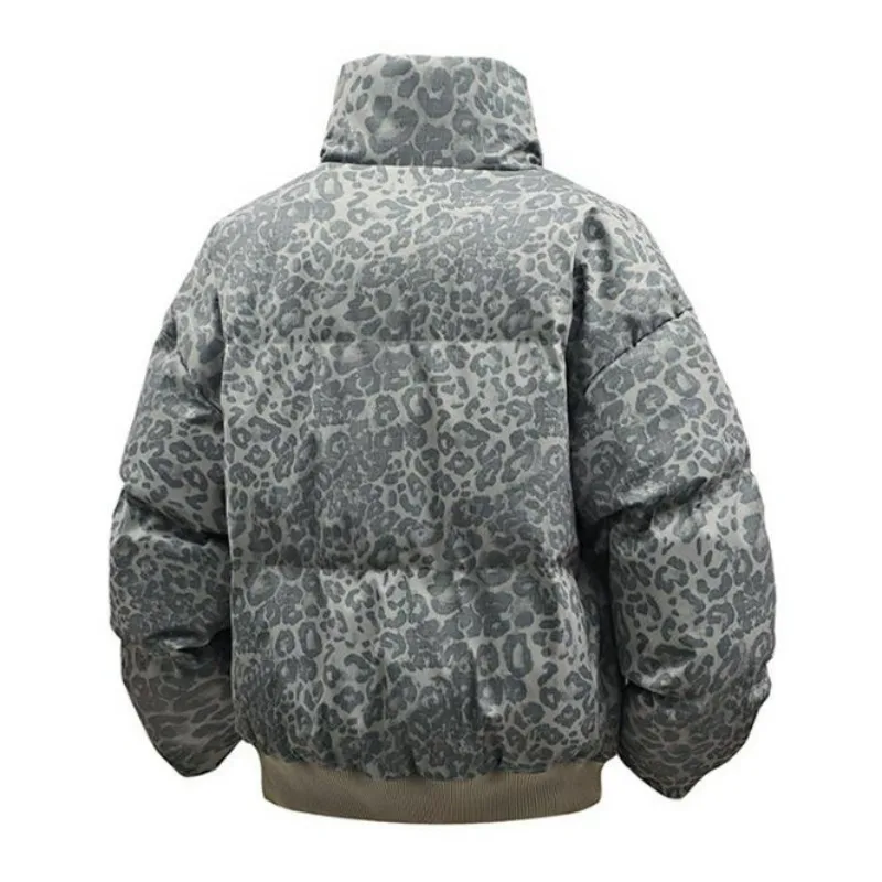 KIDWHXR Man Thicken Coat Winter Leopard Print Stand Collar Male Short Parkas Streetwear Long Sleeve Zipper Men Casual Coat
