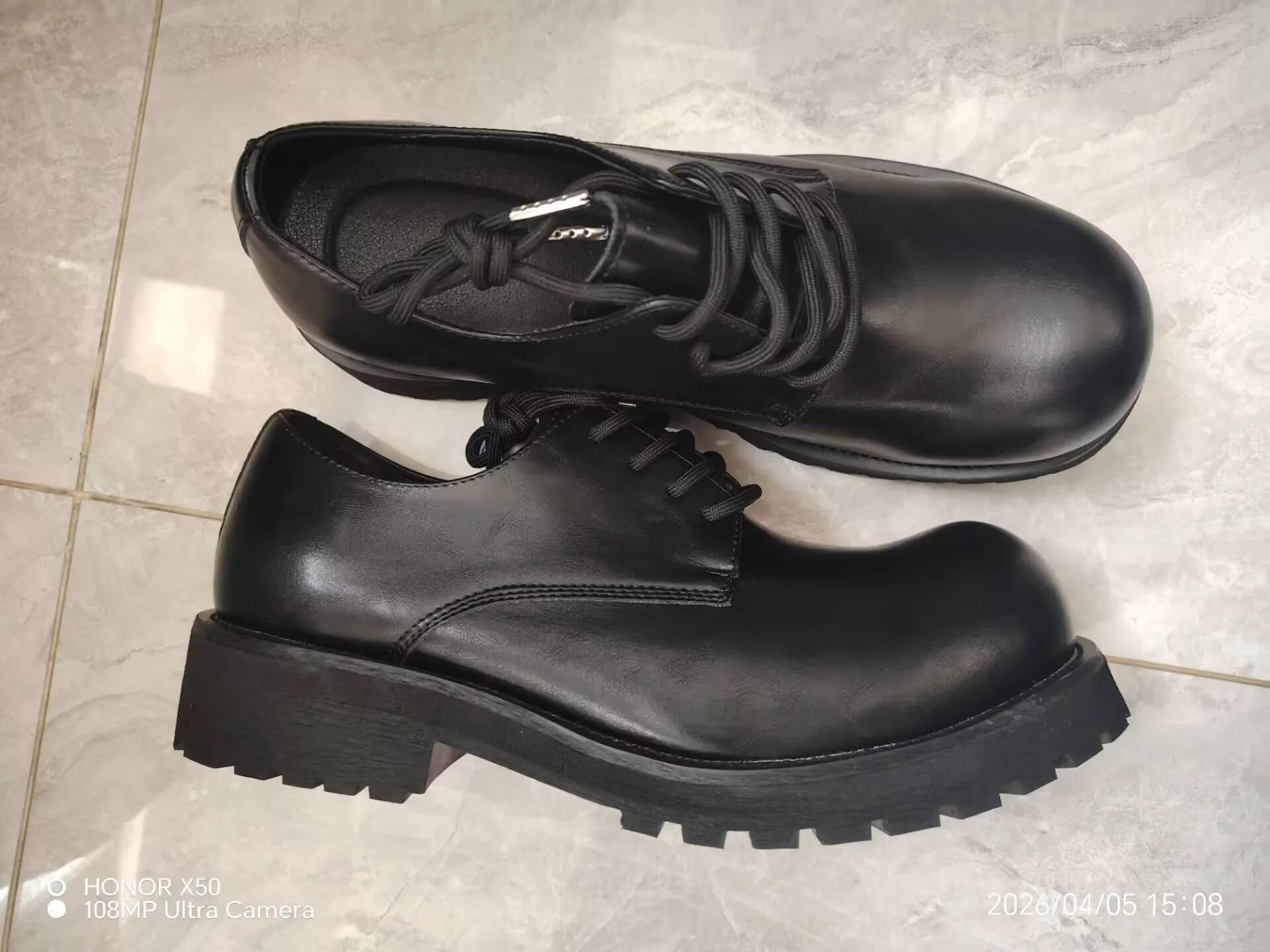 2025 New Men\'s Thick-soled Heightening Black Lace-up Round Head Horse Leather Made Old Derby Shoes